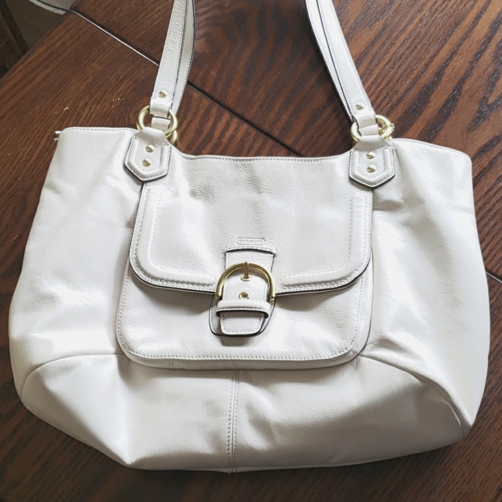 Coach purse, white leather, champagne lining